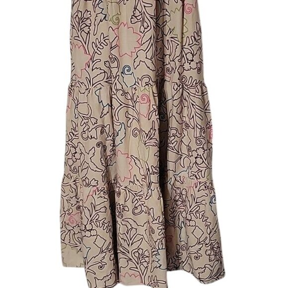 Floral Print Maxi Dress Beige & Black Sleeveless Square Neck Tiered Skirt Boho S - Picture 4 of 7